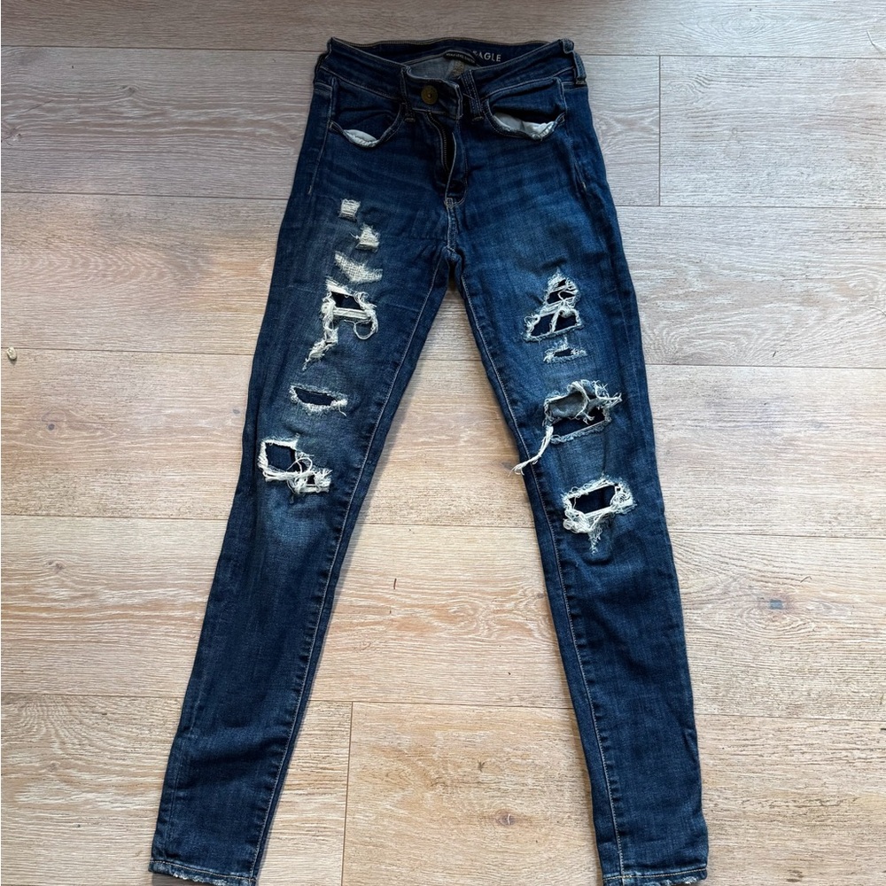 American Eagle Outfitters Dark Blue Distressed Skinny Jeans